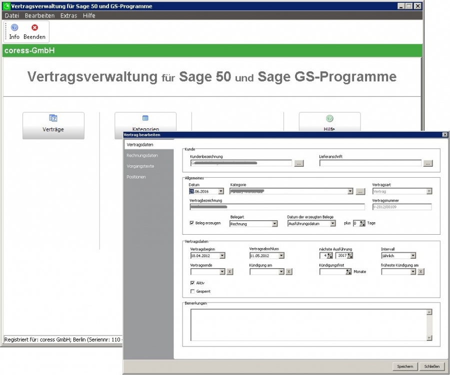 Screenshot Vertragsverwaltung für Sage 50